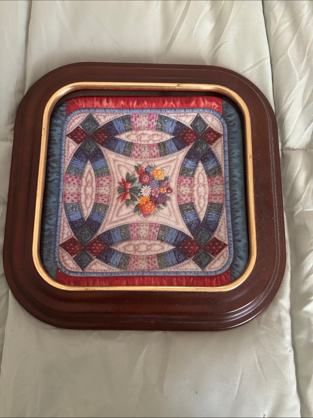 The Bradford Exchange Framed Floral Quilt Art in Brown, Gold, Blue, Red